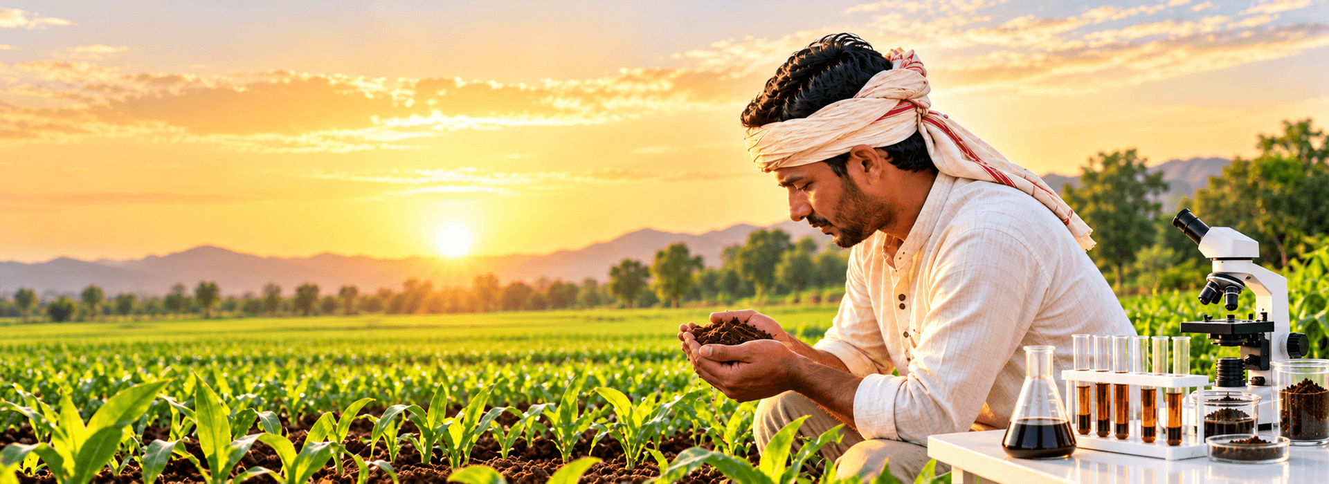Farmer examining soil for soil testing